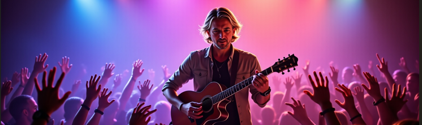 Red Rickman Junior persona with a guitar in an imagined concert scene