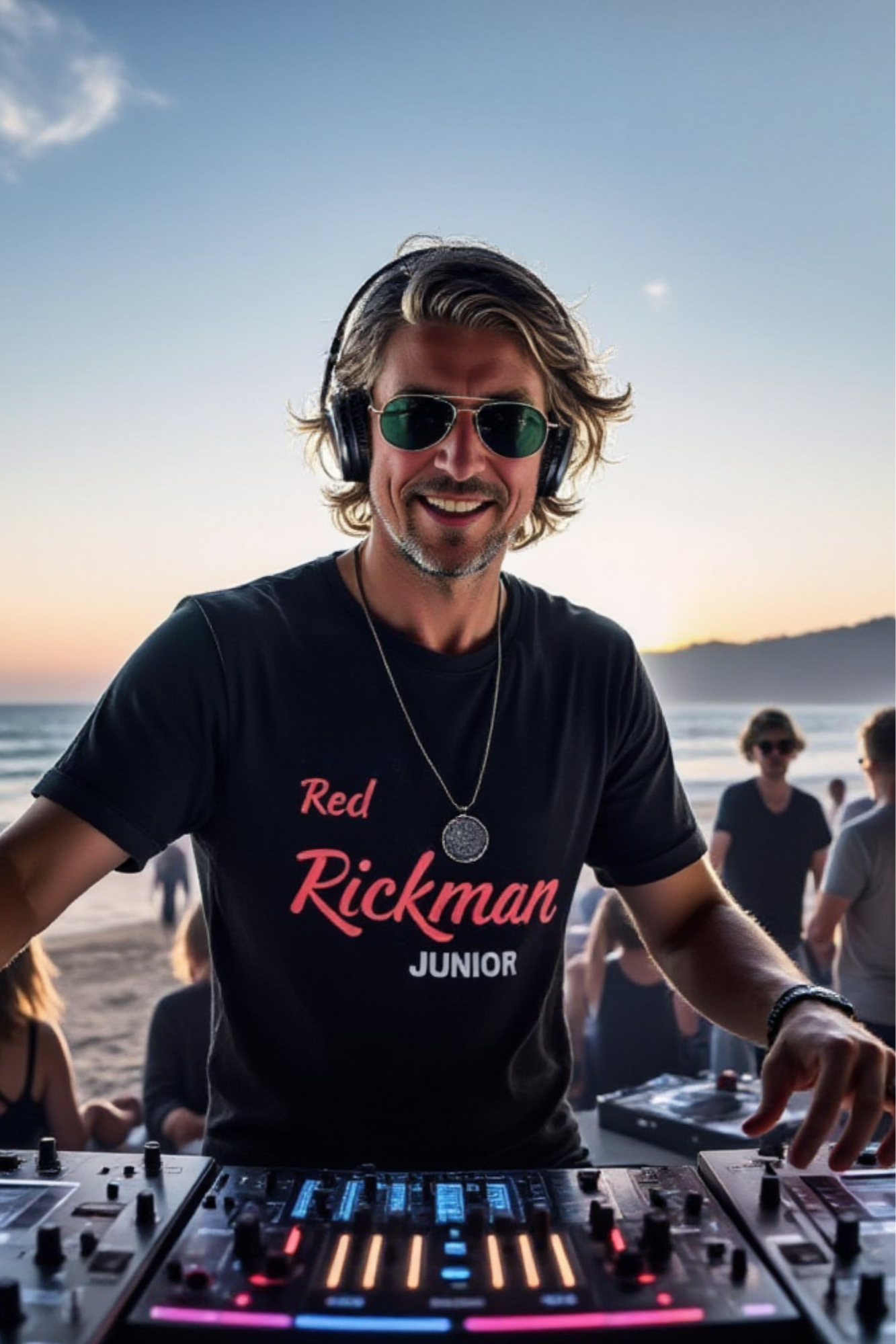 Red Rickman Junior creative character at an outdoor DJ setup